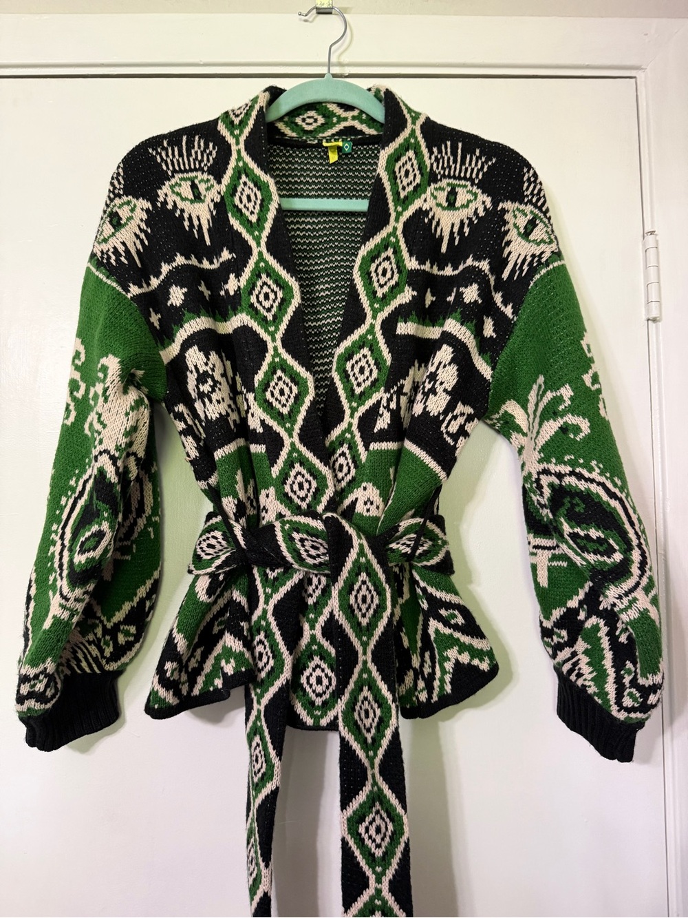 FARM Rio Green, Black & Cream Patterned Belted Cardigan